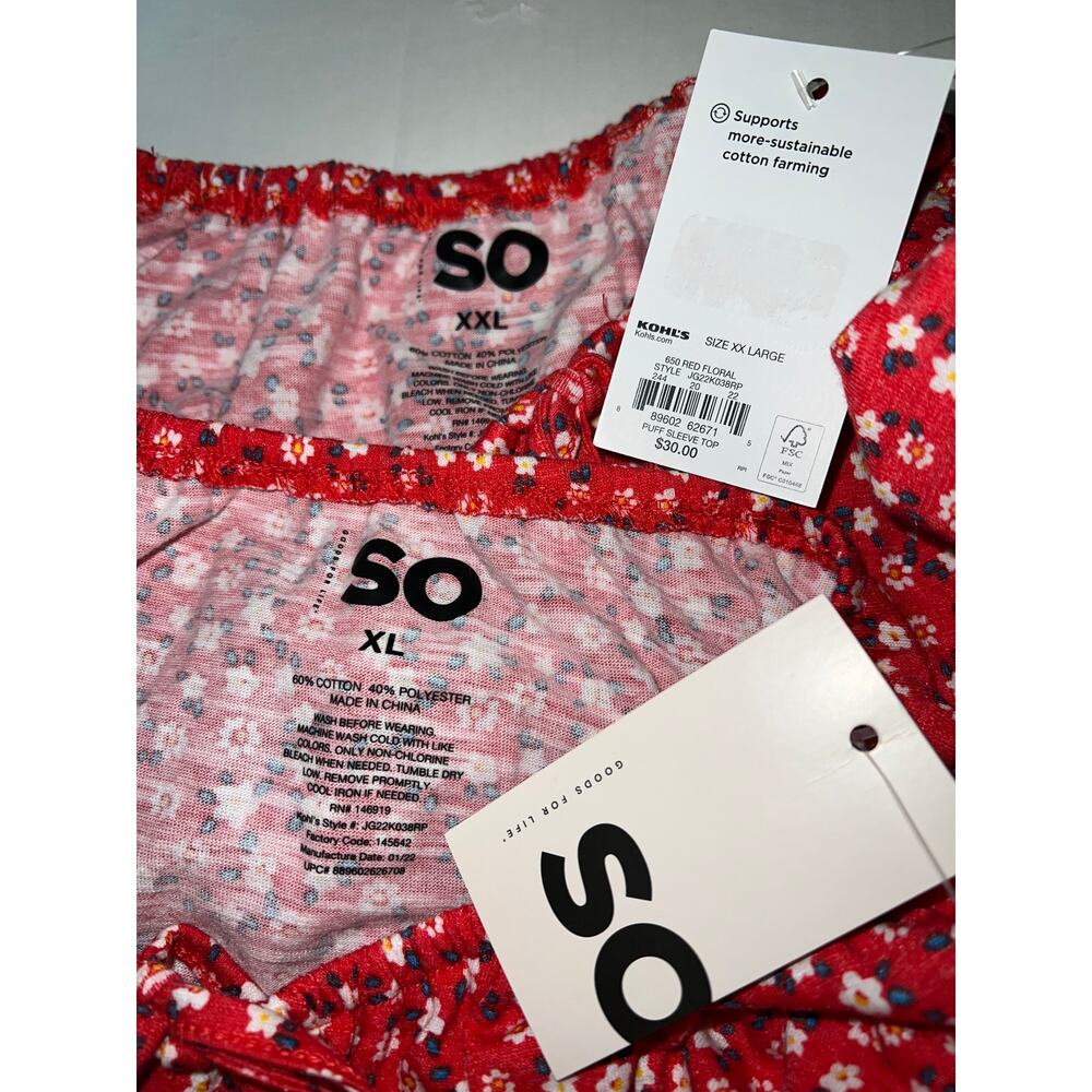 💜3/$25 💜 Puff Sleeve Crop TOP Juniors PLUS XXL 19 Ditsy Red Floral Blouse NEW - Picture 5 of 9
